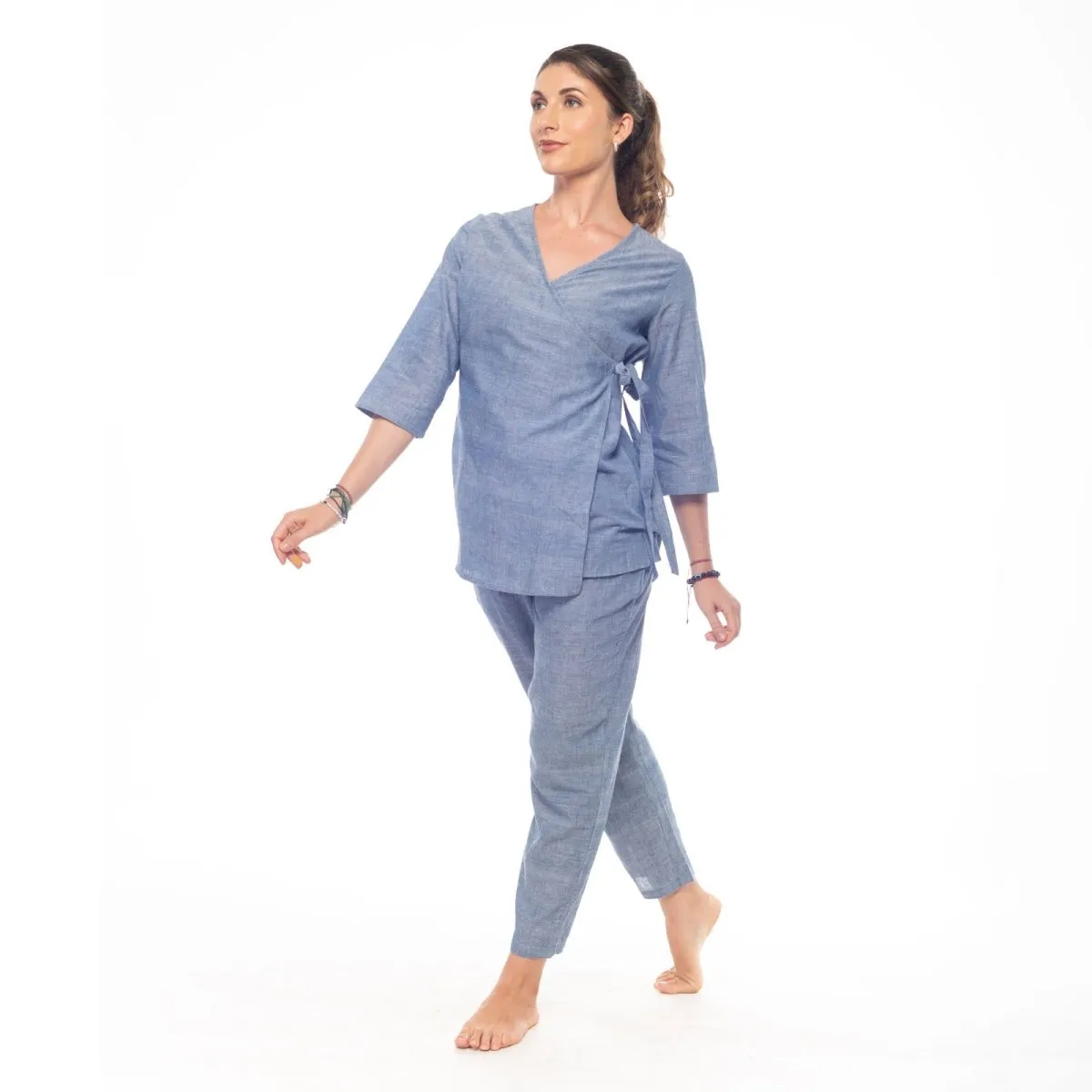 Azure-Blue Handwoven Cotton Long Wrap Top | Long Top for Women