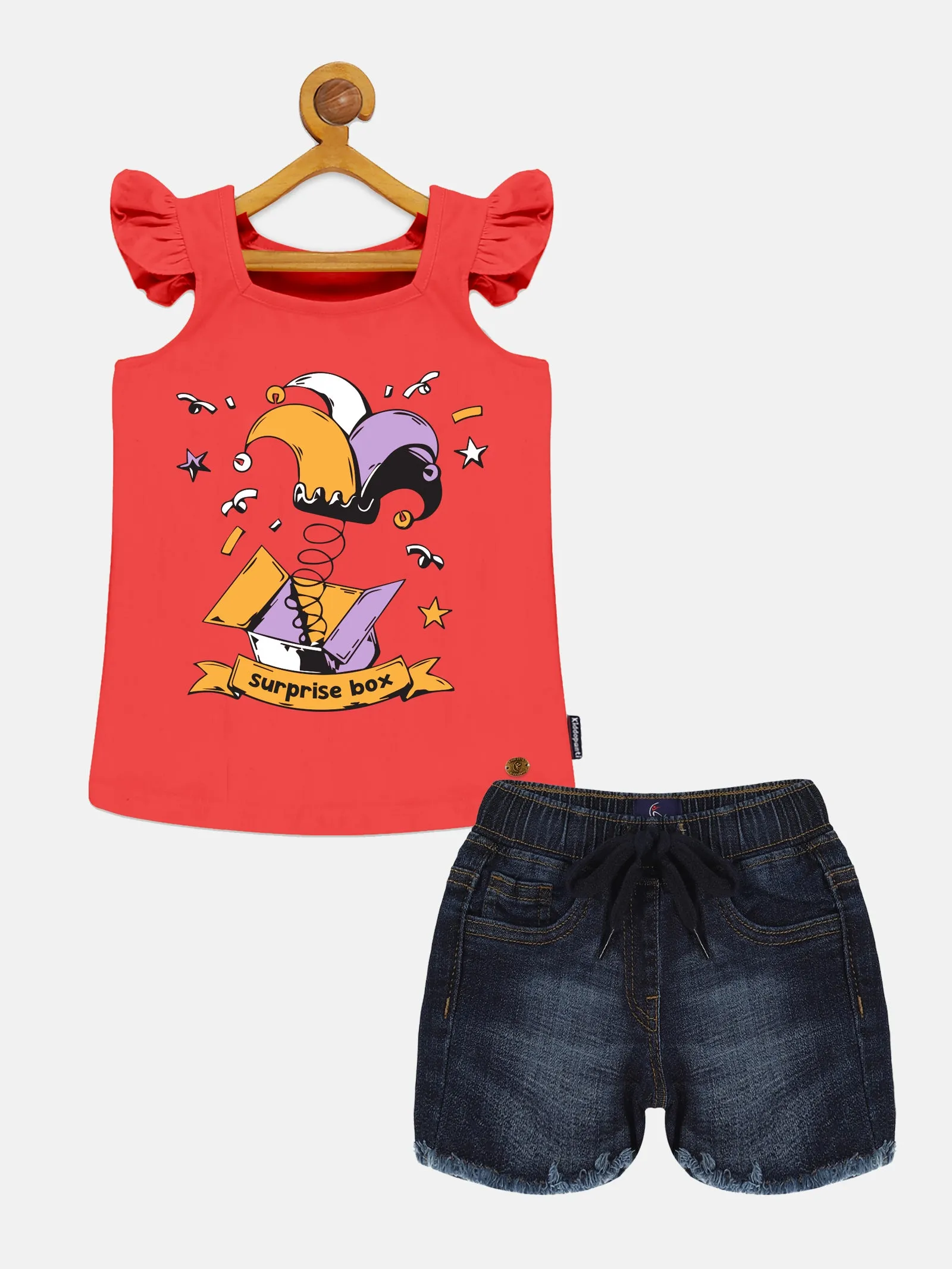 Girls Printd Frill Sleeve Square Neck Tee & Denim Hot Shorts Set
