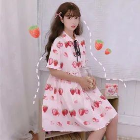 Kawaii Strawberry Printed Short Sleeved Dress